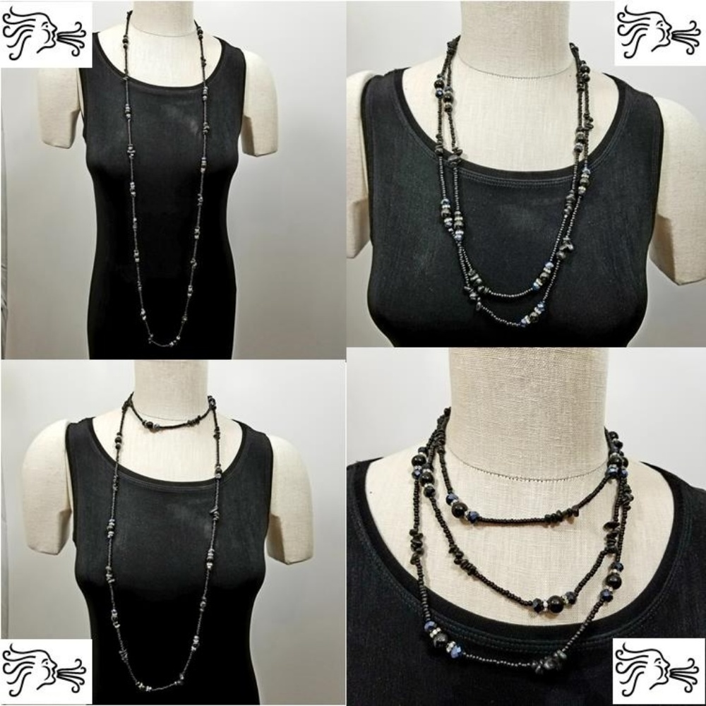 Black Agate Beaded Necklace Seed Bead & Rhinestone